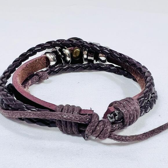 Star Western Braided Beaded Metal Silver Black Bracelet Black Leather New - Picture 5 of 5